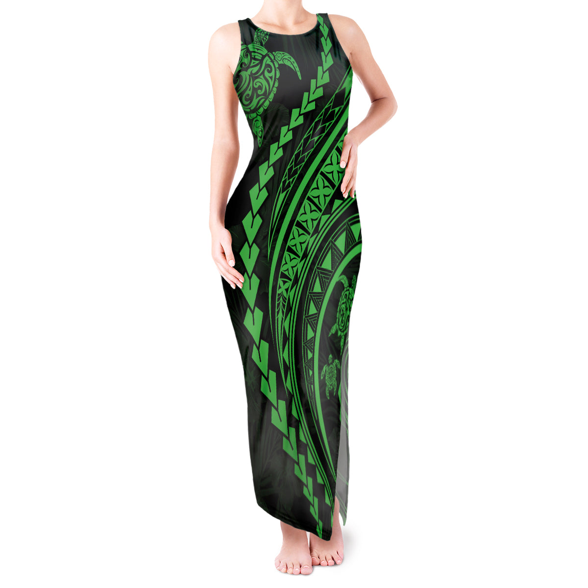 Polynesian Pride Tank Maxi Dress Turtle Hibiscus Luxury Style - Green LT7 Women Green - Polynesian Pride