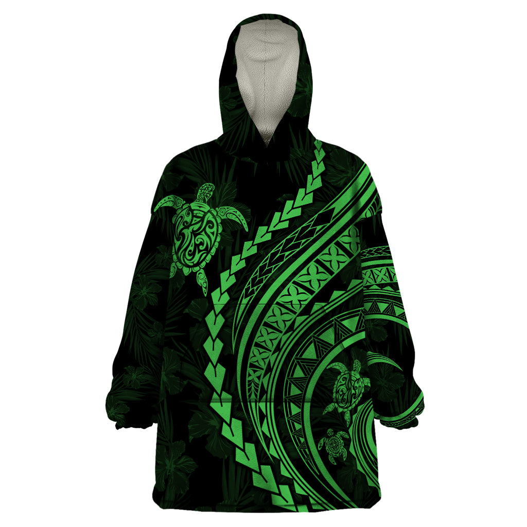 Polynesian Pride Wearable Blanket Hoodie Turtle Hibiscus Luxury Style - Green LT7 One Size Green - Polynesian Pride