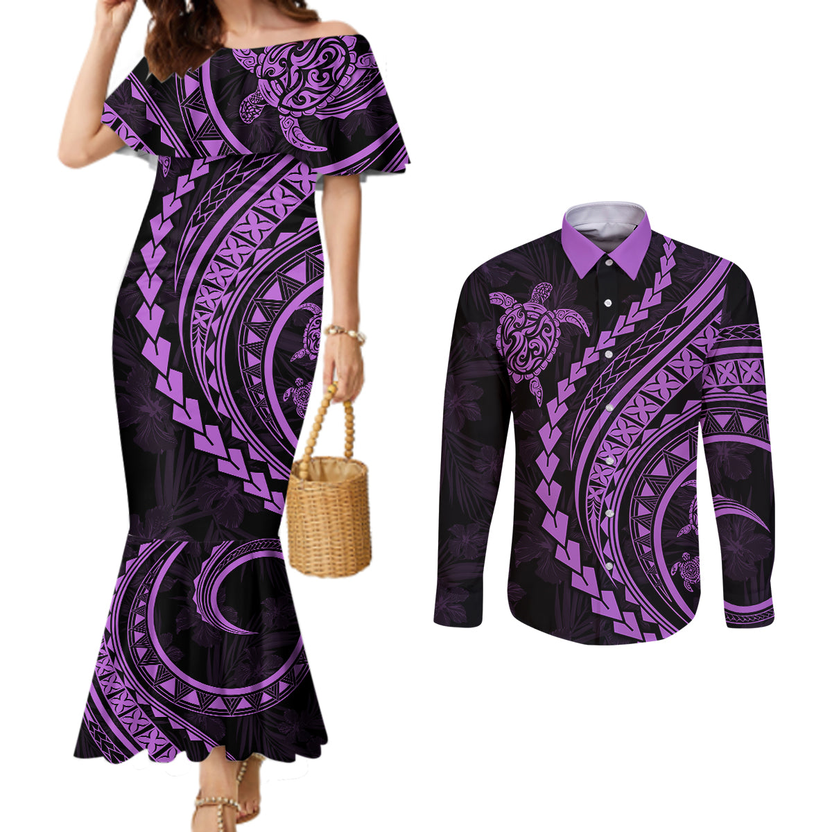 Polynesian Pride Couples Matching Mermaid Dress and Long Sleeve Button Shirts Turtle Hibiscus Luxury Style - Lilac LT7 Lilac - Polynesian Pride