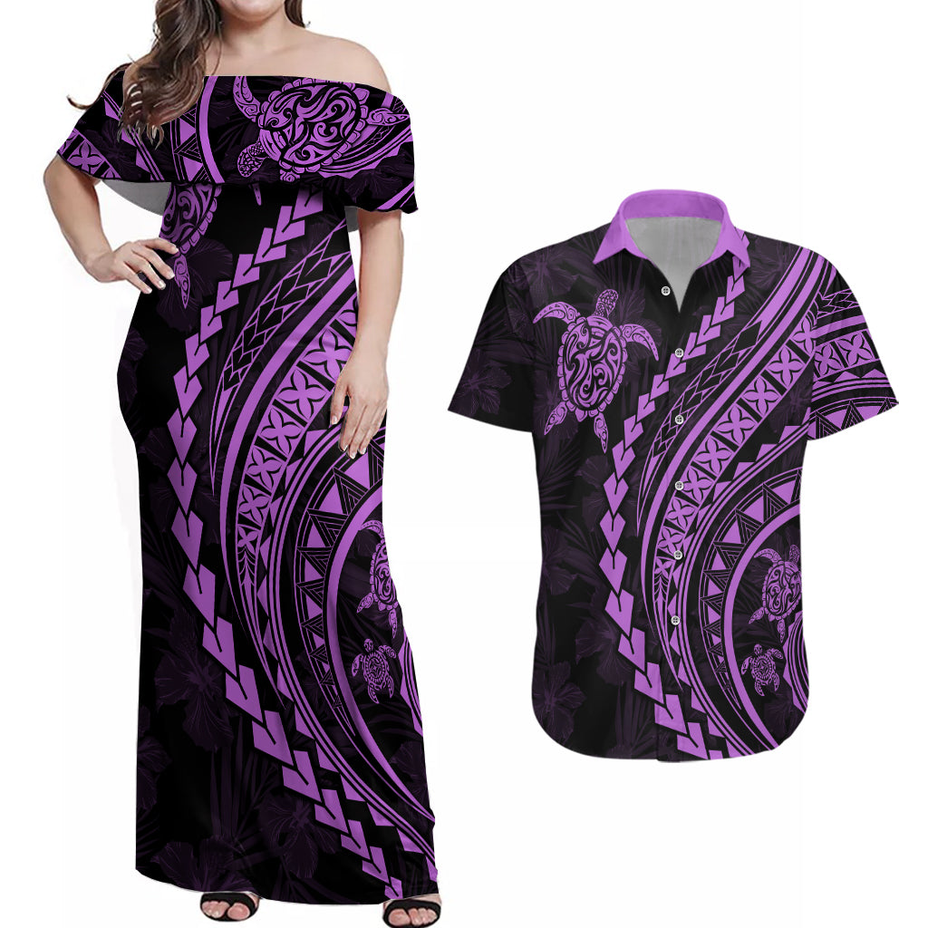 Polynesian Pride Couples Matching Off Shoulder Maxi Dress and Hawaiian Shirt Turtle Hibiscus Luxury Style - Lilac LT7 Lilac - Polynesian Pride