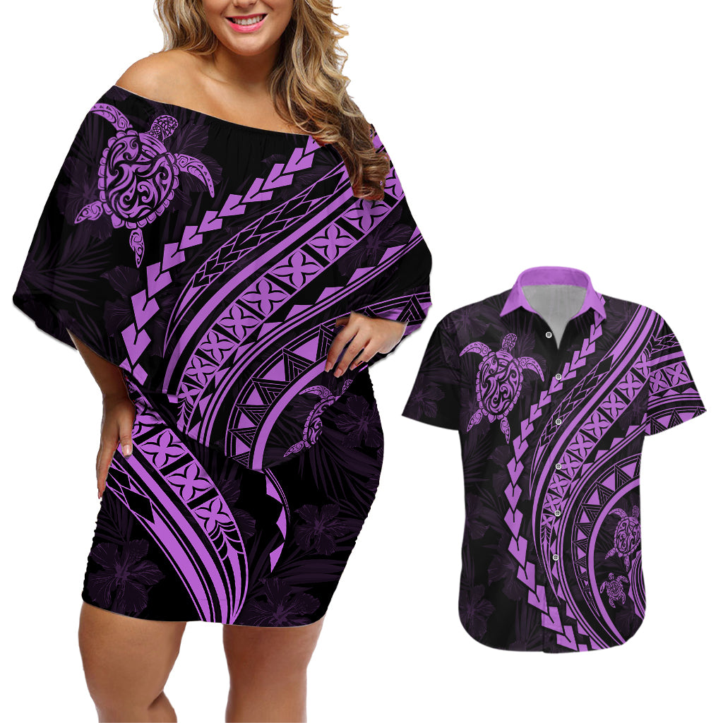 Polynesian Pride Couples Matching Off Shoulder Short Dress and Hawaiian Shirt Turtle Hibiscus Luxury Style - Lilac LT7 Lilac - Polynesian Pride