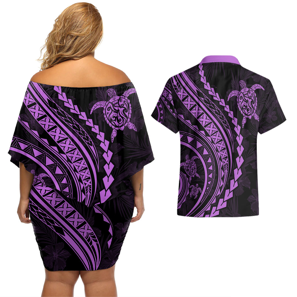 Polynesian Pride Couples Matching Off Shoulder Short Dress and Hawaiian Shirt Turtle Hibiscus Luxury Style - Lilac LT7 - Polynesian Pride