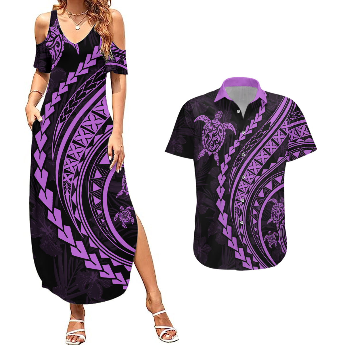 Polynesian Pride Couples Matching Summer Maxi Dress and Hawaiian Shirt Turtle Hibiscus Luxury Style - Lilac LT7 Lilac - Polynesian Pride
