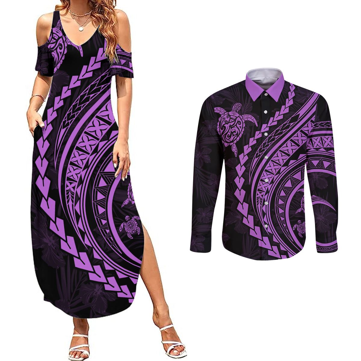 Polynesian Pride Couples Matching Summer Maxi Dress and Long Sleeve Button Shirts Turtle Hibiscus Luxury Style - Lilac LT7 Lilac - Polynesian Pride