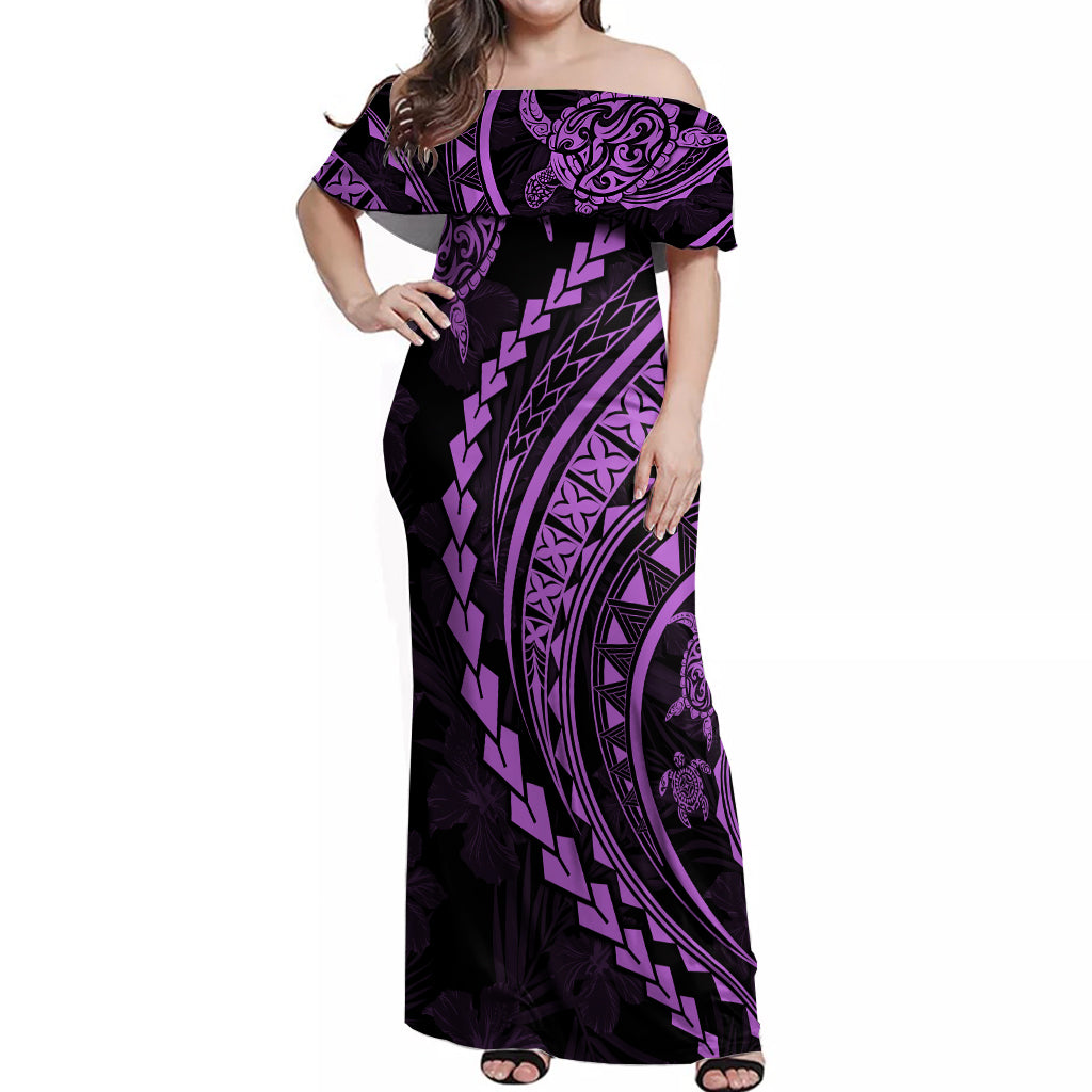 Polynesian Pride Off Shoulder Maxi Dress Turtle Hibiscus Luxury Style - Lilac LT7 Women Lilac - Polynesian Pride