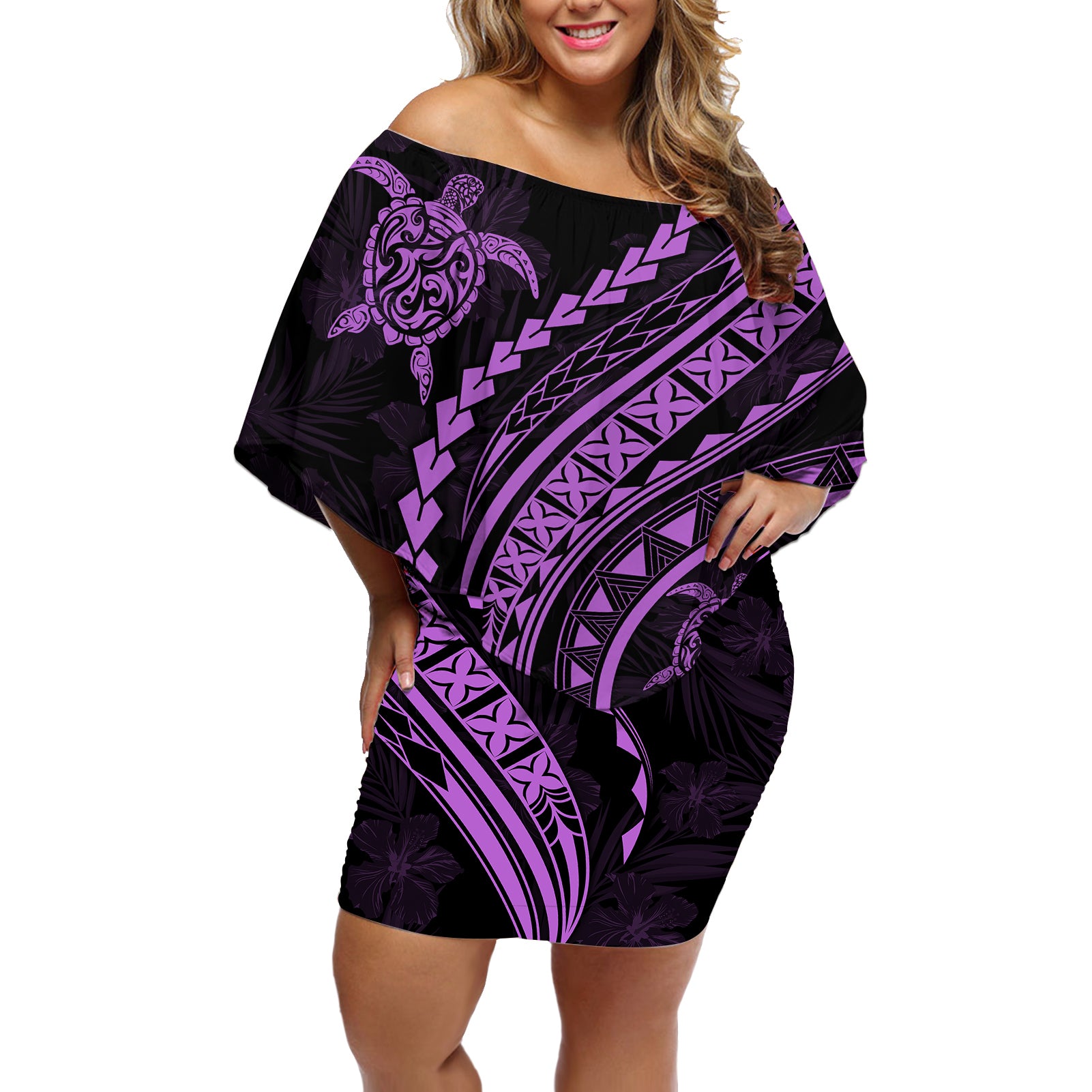 Polynesian Pride Off Shoulder Short Dress Turtle Hibiscus Luxury Style - Lilac LT7 Women Lilac - Polynesian Pride