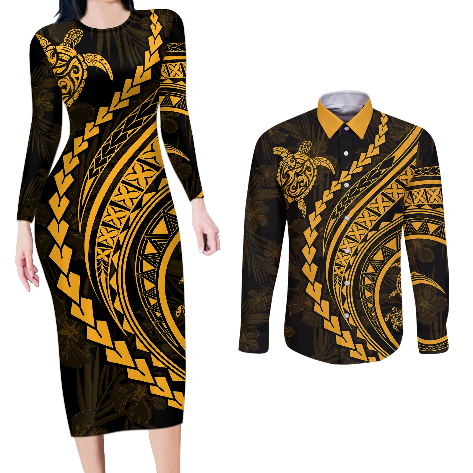 Polynesian Pride Couples Matching Long Sleeve Bodycon Dress and Long Sleeve Button Shirts Turtle Hibiscus Luxury Style - Merigold LT7 Merigold - Polynesian Pride