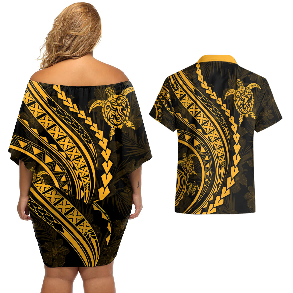 Polynesian Pride Couples Matching Off Shoulder Short Dress and Hawaiian Shirt Turtle Hibiscus Luxury Style - Merigold LT7 - Polynesian Pride