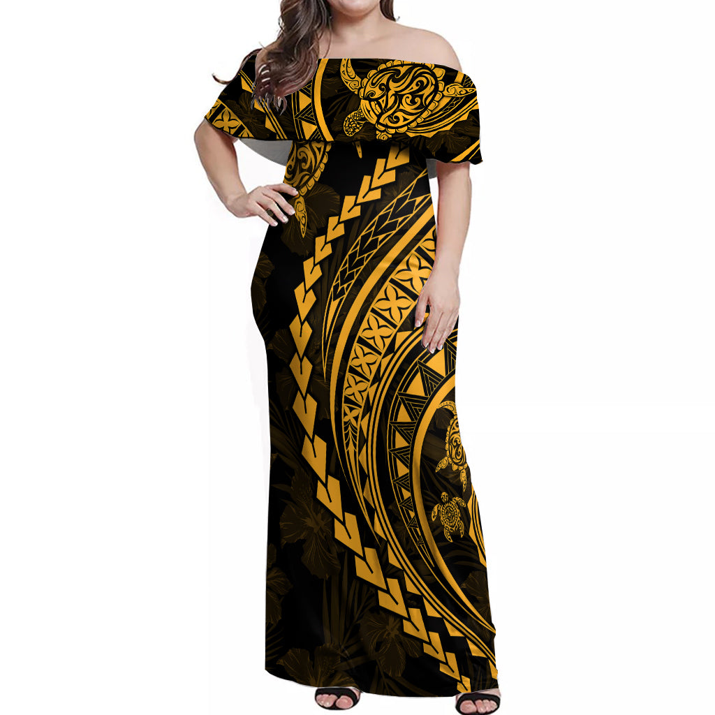 Polynesian Pride Off Shoulder Maxi Dress Turtle Hibiscus Luxury Style - Merigold LT7 Women Merigold - Polynesian Pride