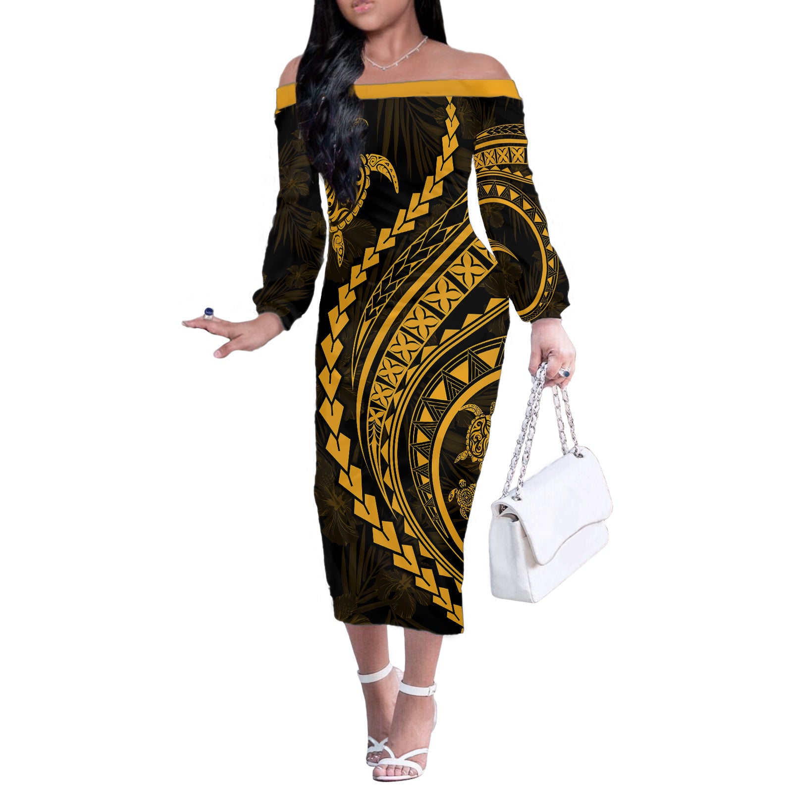 Polynesian Pride Off The Shoulder Long Sleeve Dress Turtle Hibiscus Luxury Style - Merigold LT7 Women Merigold - Polynesian Pride