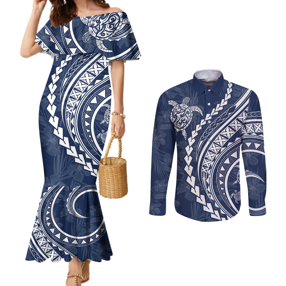 Polynesian Pride Couples Matching Mermaid Dress and Long Sleeve Button Shirts Turtle Hibiscus Luxury Style - Navy LT7 Navy - Polynesian Pride