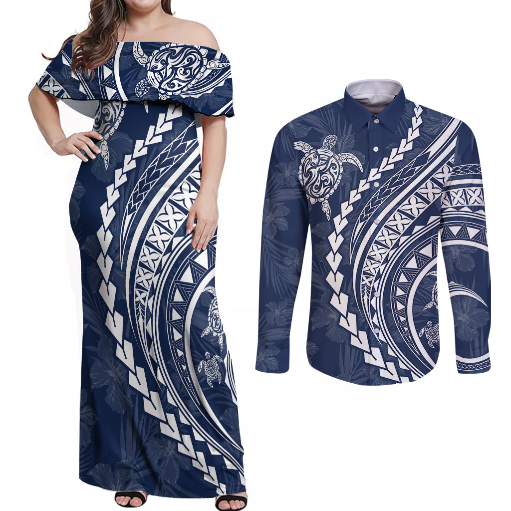 Polynesian Pride Couples Matching Off Shoulder Maxi Dress and Long Sleeve Button Shirts Turtle Hibiscus Luxury Style - Navy LT7 Navy - Polynesian Pride