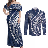 Polynesian Pride Couples Matching Off Shoulder Maxi Dress and Long Sleeve Button Shirts Turtle Hibiscus Luxury Style - Navy LT7 Navy - Polynesian Pride