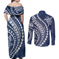 Polynesian Pride Couples Matching Off Shoulder Maxi Dress and Long Sleeve Button Shirts Turtle Hibiscus Luxury Style - Navy LT7 - Polynesian Pride
