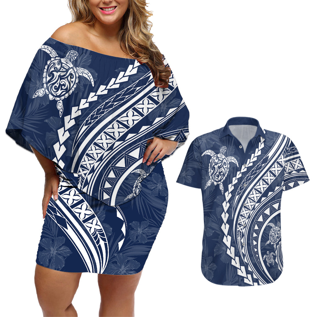 Polynesian Pride Couples Matching Off Shoulder Short Dress and Hawaiian Shirt Turtle Hibiscus Luxury Style - Navy LT7 Navy - Polynesian Pride