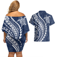 Polynesian Pride Couples Matching Off Shoulder Short Dress and Hawaiian Shirt Turtle Hibiscus Luxury Style - Navy LT7 - Polynesian Pride