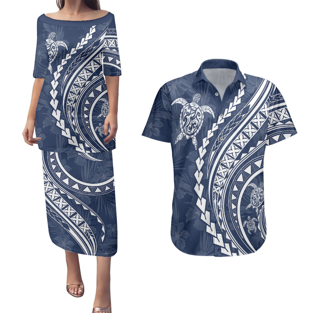 Polynesian Pride Couples Matching Puletasi Dress and Hawaiian Shirt Turtle Hibiscus Luxury Style - Navy LT7 Navy - Polynesian Pride
