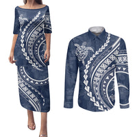 Polynesian Pride Couples Matching Puletasi Dress and Long Sleeve Button Shirts Turtle Hibiscus Luxury Style - Navy LT7 Navy - Polynesian Pride