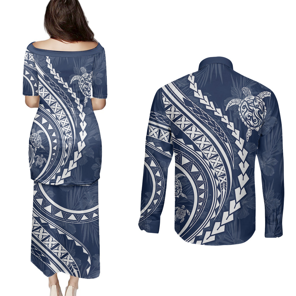 Polynesian Pride Couples Matching Puletasi Dress and Long Sleeve Button Shirts Turtle Hibiscus Luxury Style - Navy LT7 - Polynesian Pride