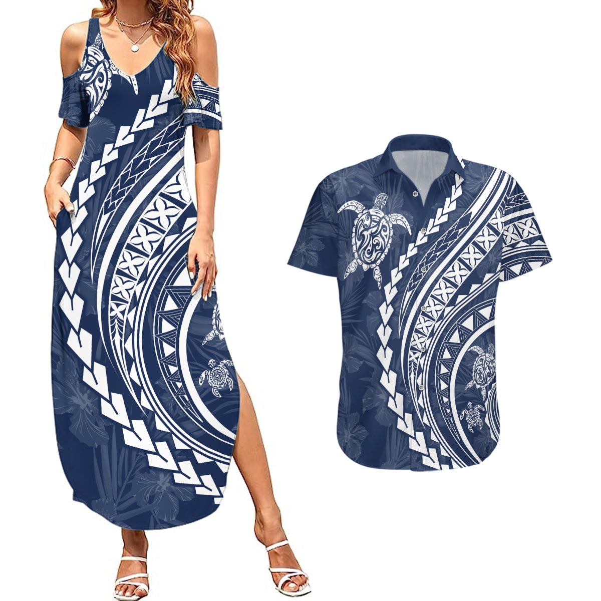 Polynesian Pride Couples Matching Summer Maxi Dress and Hawaiian Shirt Turtle Hibiscus Luxury Style - Navy LT7 Navy - Polynesian Pride