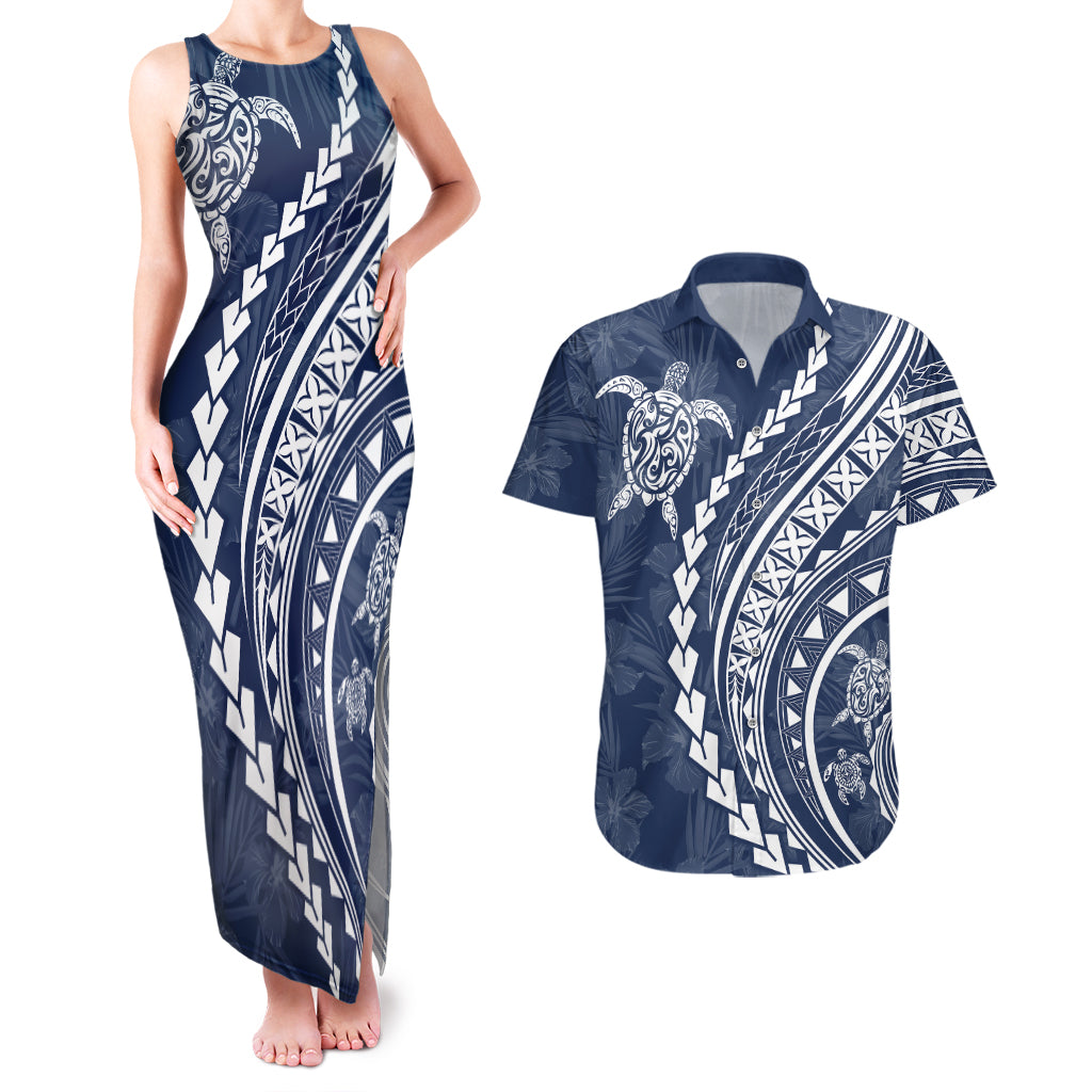 Polynesian Pride Couples Matching Tank Maxi Dress and Hawaiian Shirt Turtle Hibiscus Luxury Style - Navy LT7 Navy - Polynesian Pride