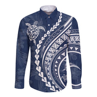 Polynesian Pride Long Sleeve Button Shirt Turtle Hibiscus Luxury Style - Navy LT7 Unisex Navy - Polynesian Pride