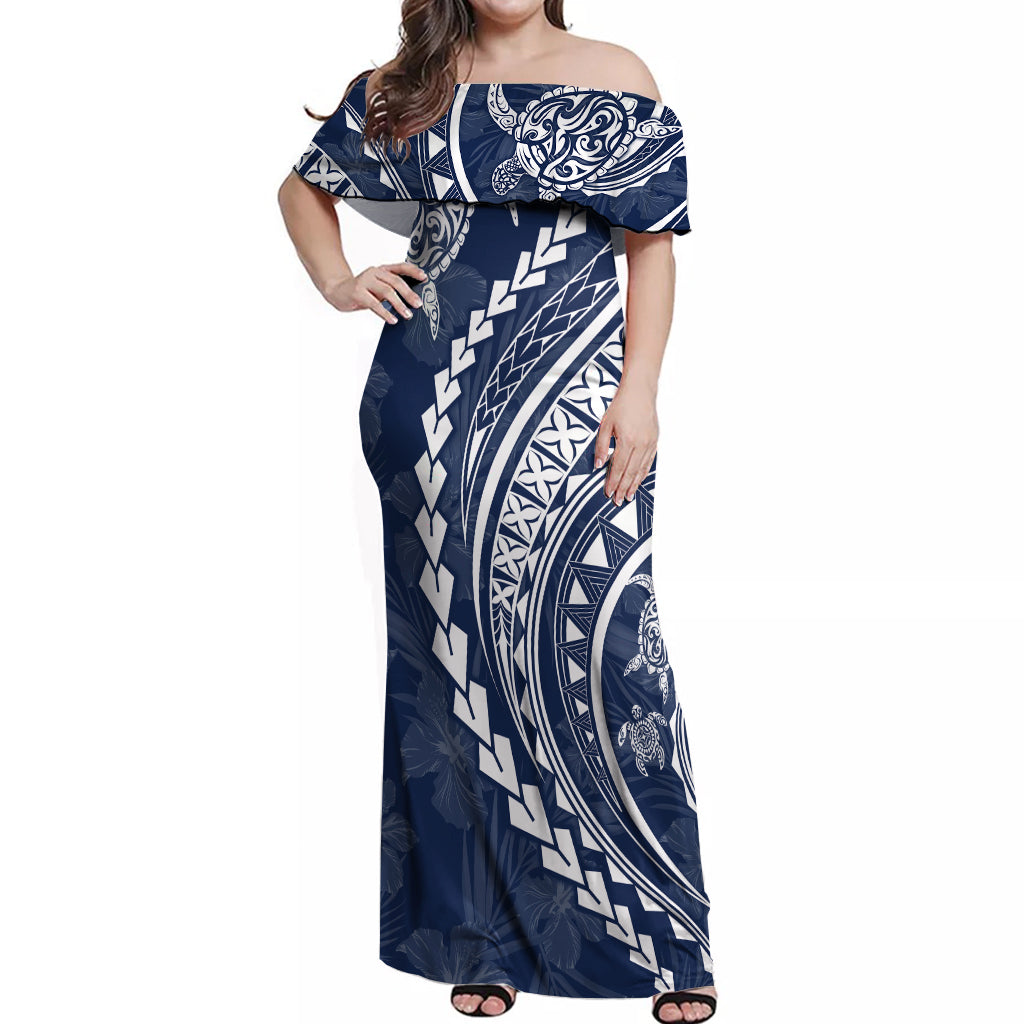 Polynesian Pride Off Shoulder Maxi Dress Turtle Hibiscus Luxury Style - Navy LT7 Women Navy - Polynesian Pride