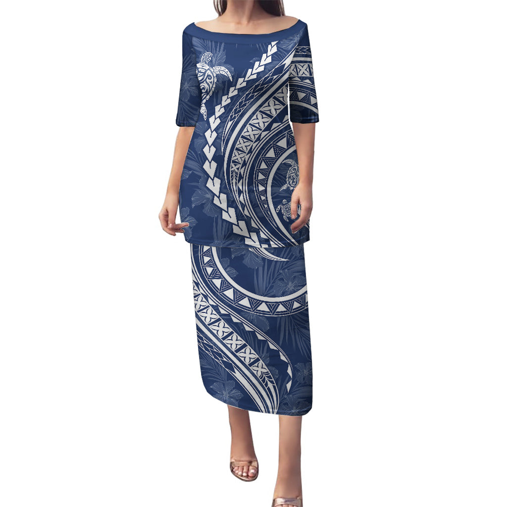 Polynesian Pride Puletasi Turtle Hibiscus Luxury Style - Navy LT7 Long Dress Navy - Polynesian Pride