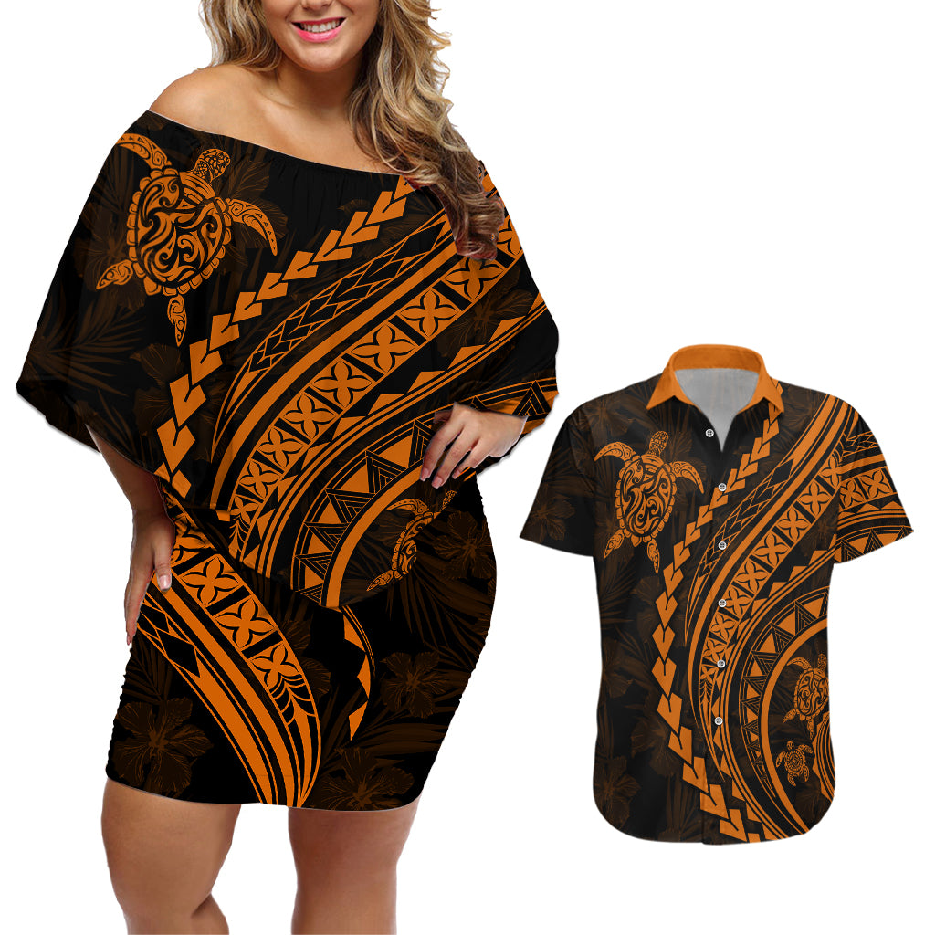 Polynesian Pride Couples Matching Off Shoulder Short Dress and Hawaiian Shirt Turtle Hibiscus Luxury Style - Orange LT7 Orange - Polynesian Pride