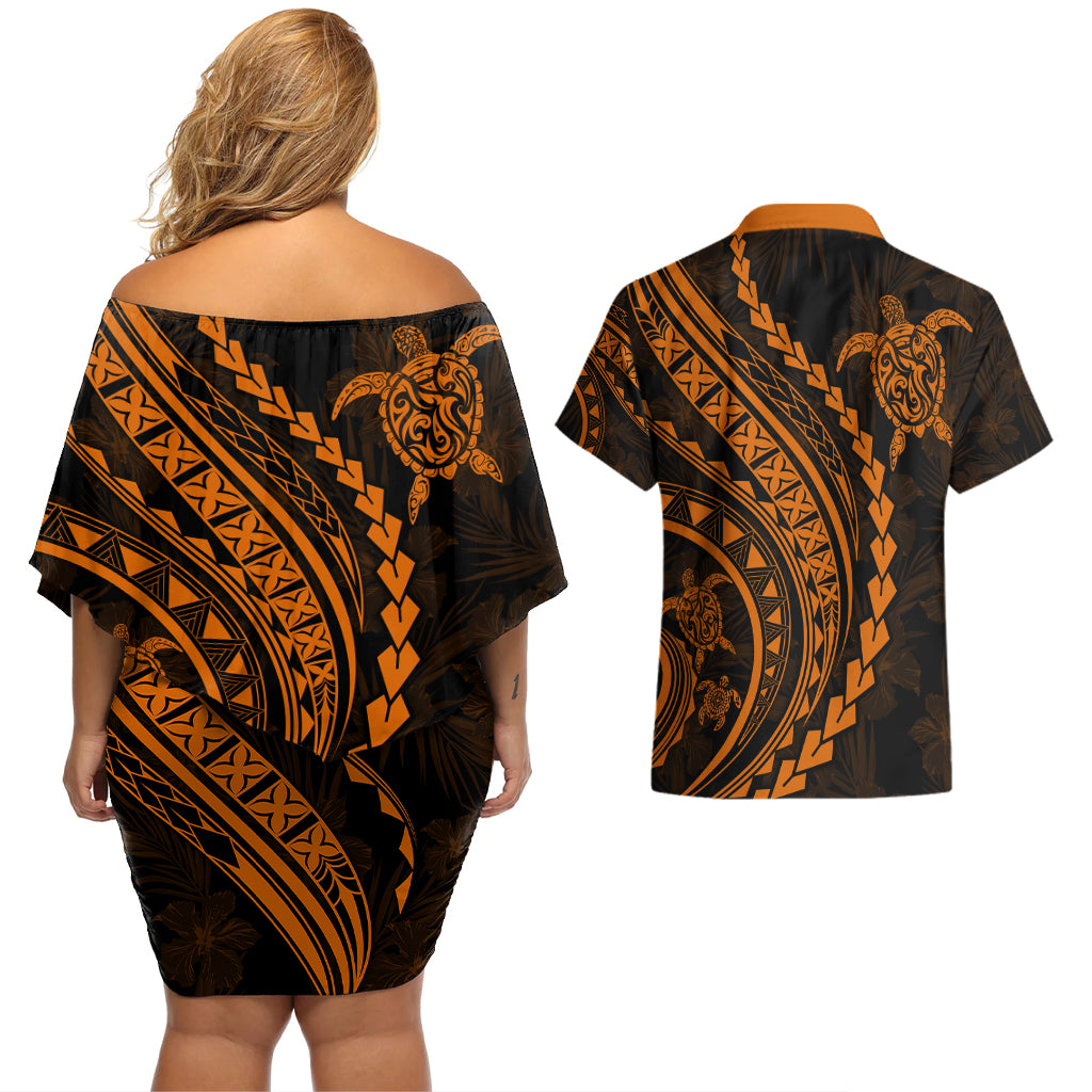 Polynesian Pride Couples Matching Off Shoulder Short Dress and Hawaiian Shirt Turtle Hibiscus Luxury Style - Orange LT7 - Polynesian Pride