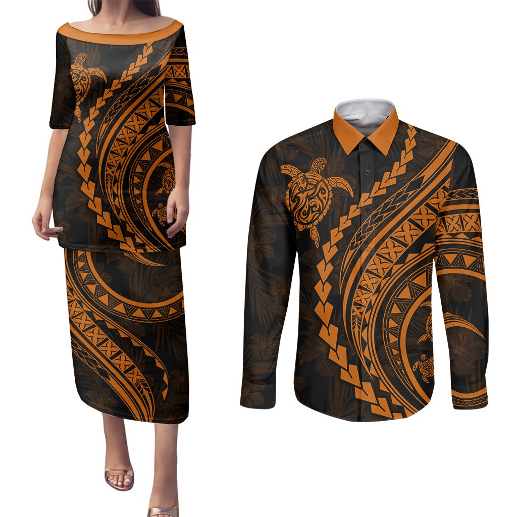 Polynesian Pride Couples Matching Puletasi Dress and Long Sleeve Button Shirts Turtle Hibiscus Luxury Style - Orange LT7 Orange - Polynesian Pride