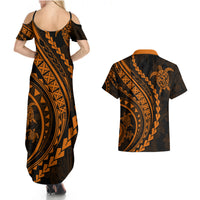 Polynesian Pride Couples Matching Summer Maxi Dress and Hawaiian Shirt Turtle Hibiscus Luxury Style - Orange LT7 - Polynesian Pride