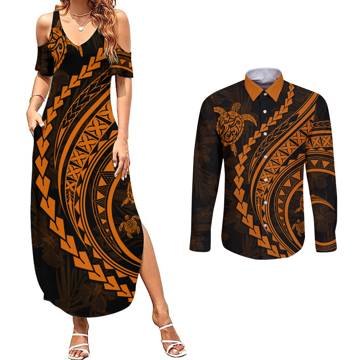 Polynesian Pride Couples Matching Summer Maxi Dress and Long Sleeve Button Shirts Turtle Hibiscus Luxury Style - Orange LT7 Orange - Polynesian Pride