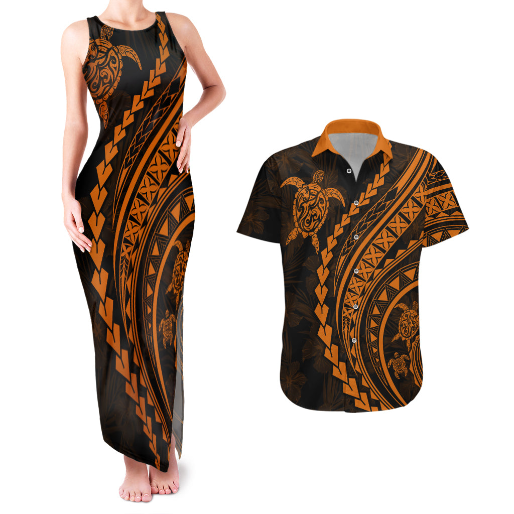 Polynesian Pride Couples Matching Tank Maxi Dress and Hawaiian Shirt Turtle Hibiscus Luxury Style - Orange LT7 Orange - Polynesian Pride