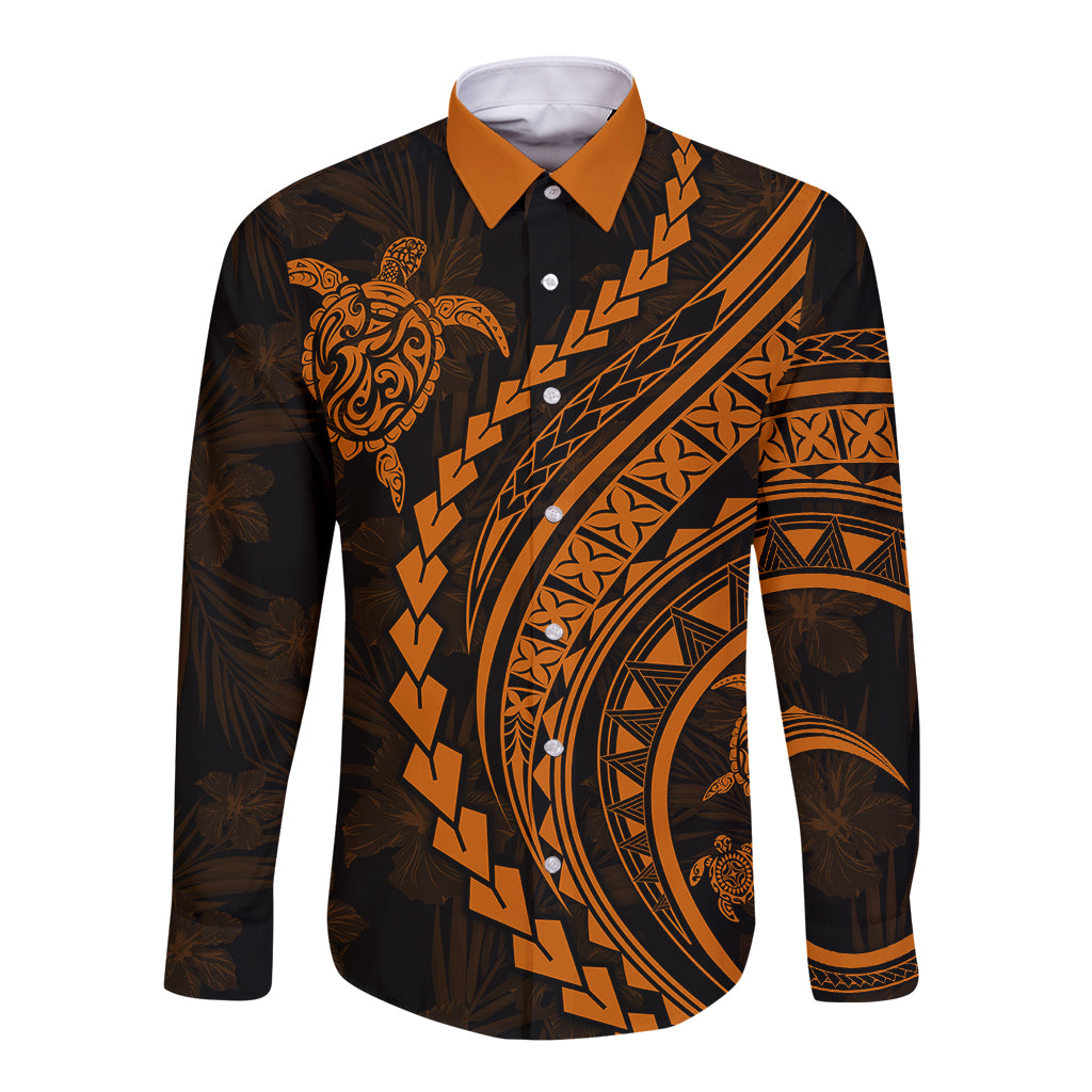 Polynesian Pride Long Sleeve Button Shirt Turtle Hibiscus Luxury Style - Orange LT7 Unisex Orange - Polynesian Pride