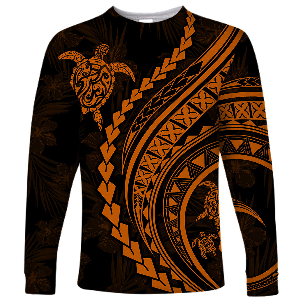 Polynesian Pride Long Sleeve Shirt Turtle Hibiscus Luxury Style - Orange LT7 Unisex Orange - Polynesian Pride