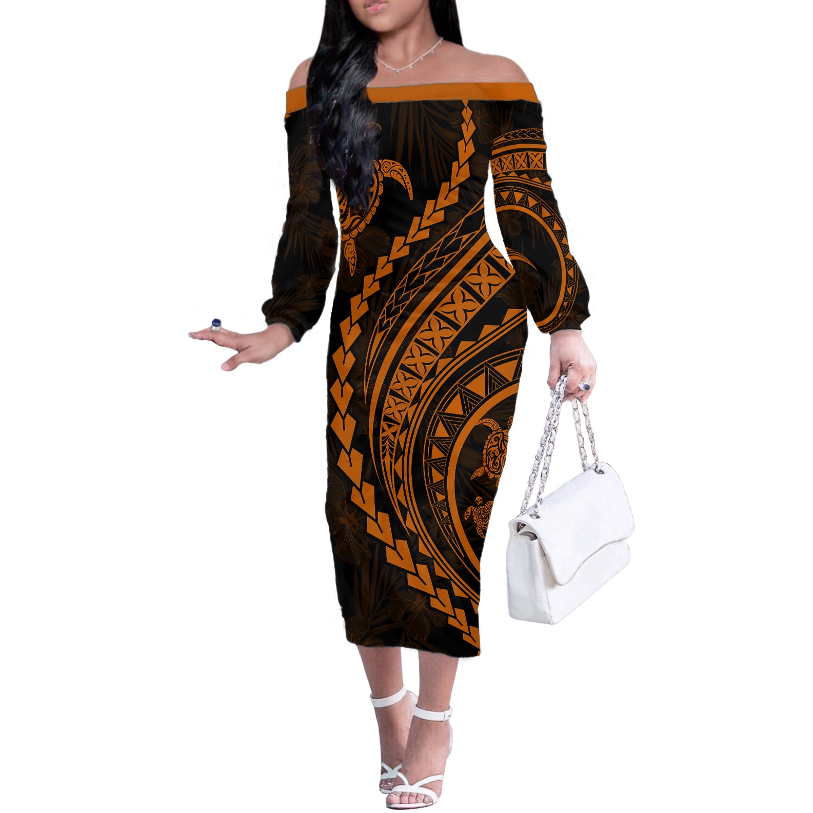 Polynesian Pride Off The Shoulder Long Sleeve Dress Turtle Hibiscus Luxury Style - Orange LT7 Women Orange - Polynesian Pride