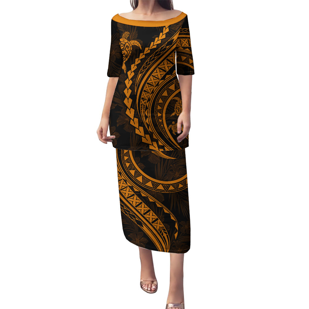 Polynesian Pride Puletasi Turtle Hibiscus Luxury Style - Orange LT7 Long Dress Orange - Polynesian Pride