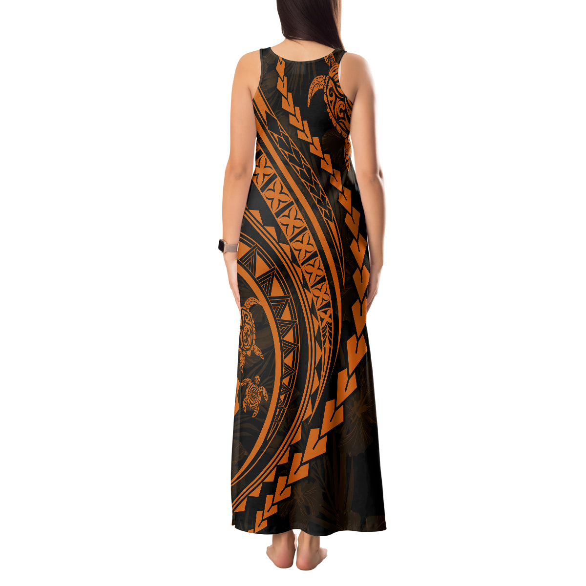 Polynesian Pride Tank Maxi Dress Turtle Hibiscus Luxury Style - Orange LT7 - Polynesian Pride