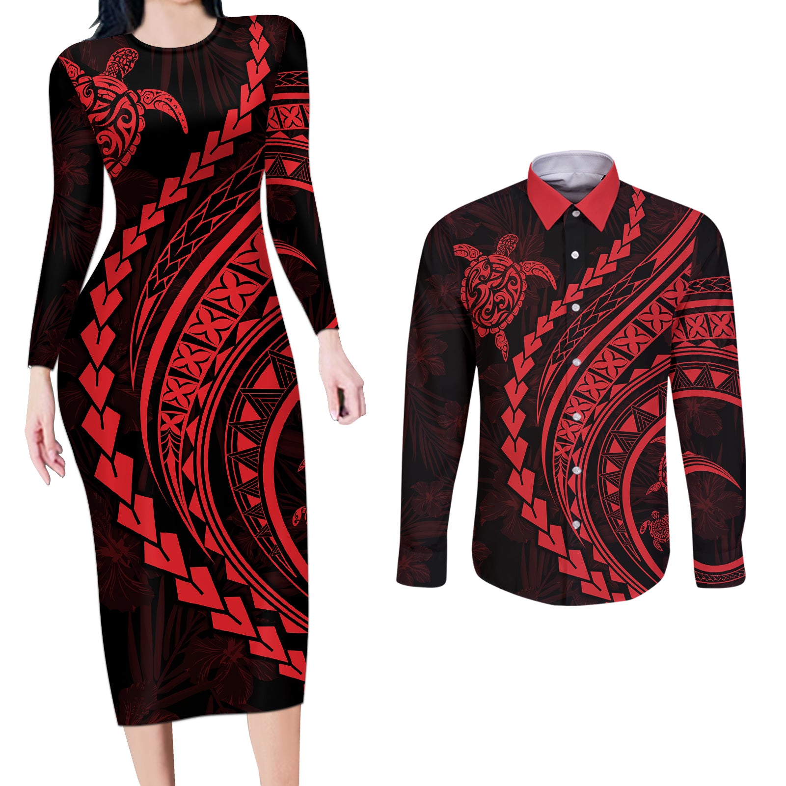 Polynesian Pride Couples Matching Long Sleeve Bodycon Dress and Long Sleeve Button Shirts Turtle Hibiscus Luxury Style - Rose LT7 Rose - Polynesian Pride