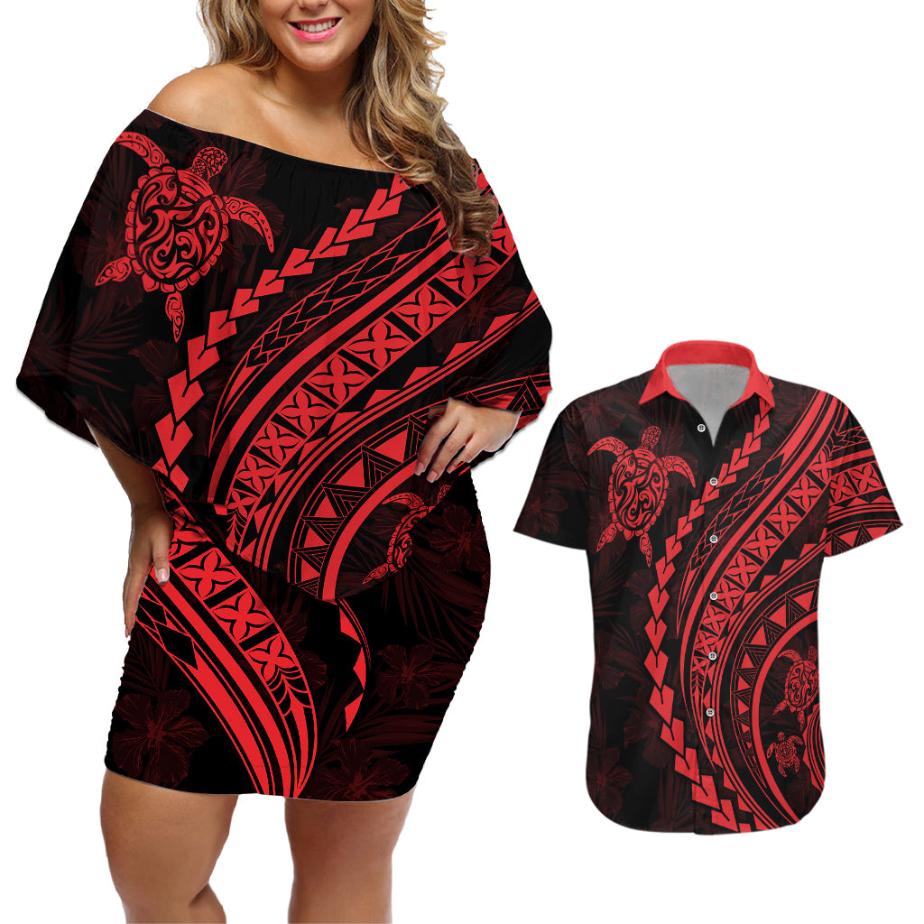 Polynesian Pride Couples Matching Off Shoulder Short Dress and Hawaiian Shirt Turtle Hibiscus Luxury Style - Rose LT7 Rose - Polynesian Pride
