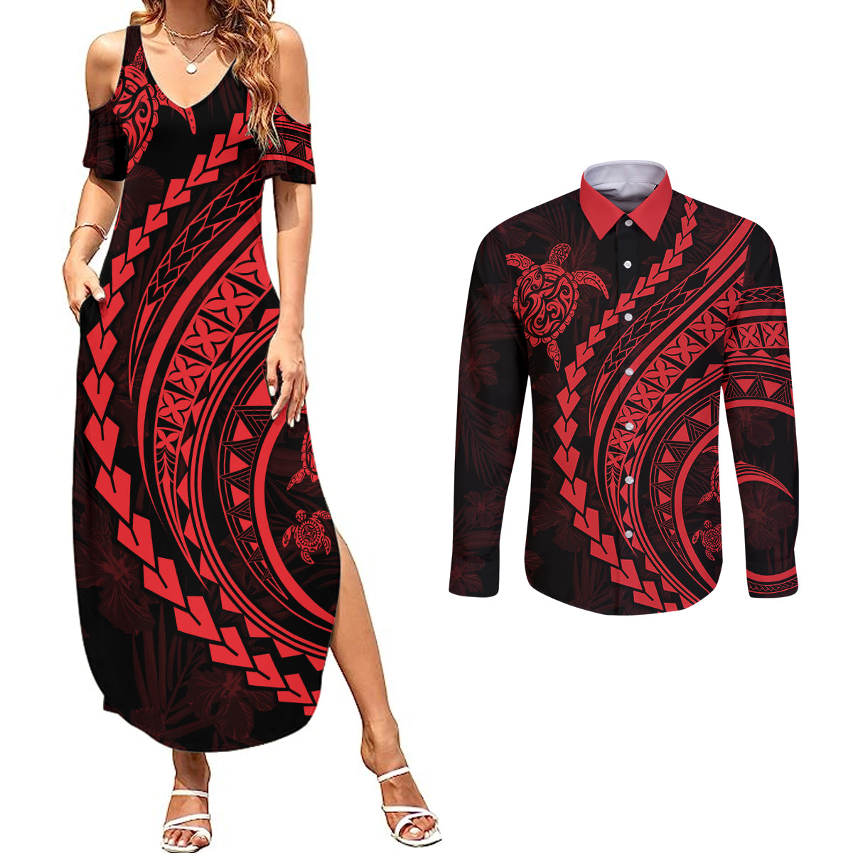 Polynesian Pride Couples Matching Summer Maxi Dress and Long Sleeve Button Shirts Turtle Hibiscus Luxury Style - Rose LT7 Rose - Polynesian Pride