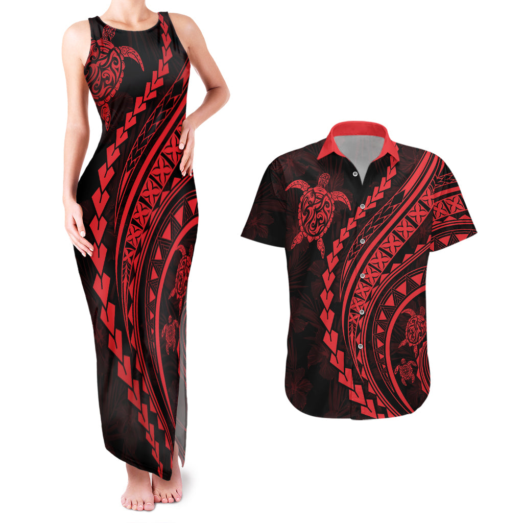 Polynesian Pride Couples Matching Tank Maxi Dress and Hawaiian Shirt Turtle Hibiscus Luxury Style - Rose LT7 Rose - Polynesian Pride