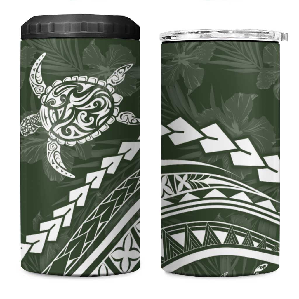 Polynesian Pride 4 in 1 Can Cooler Tumbler Turtle Hibiscus Luxury Style - Sage