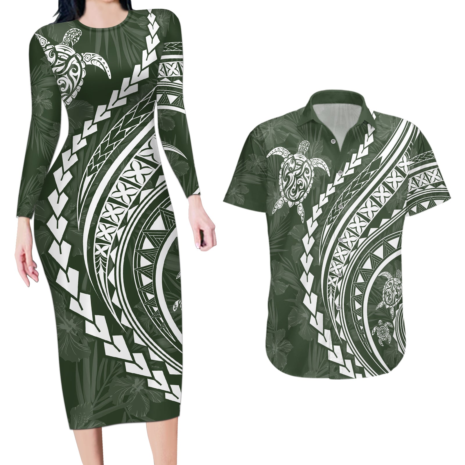 Polynesian Pride Couples Matching Long Sleeve Bodycon Dress and Hawaiian Shirt Turtle Hibiscus Luxury Style - Sage LT7 Sage - Polynesian Pride