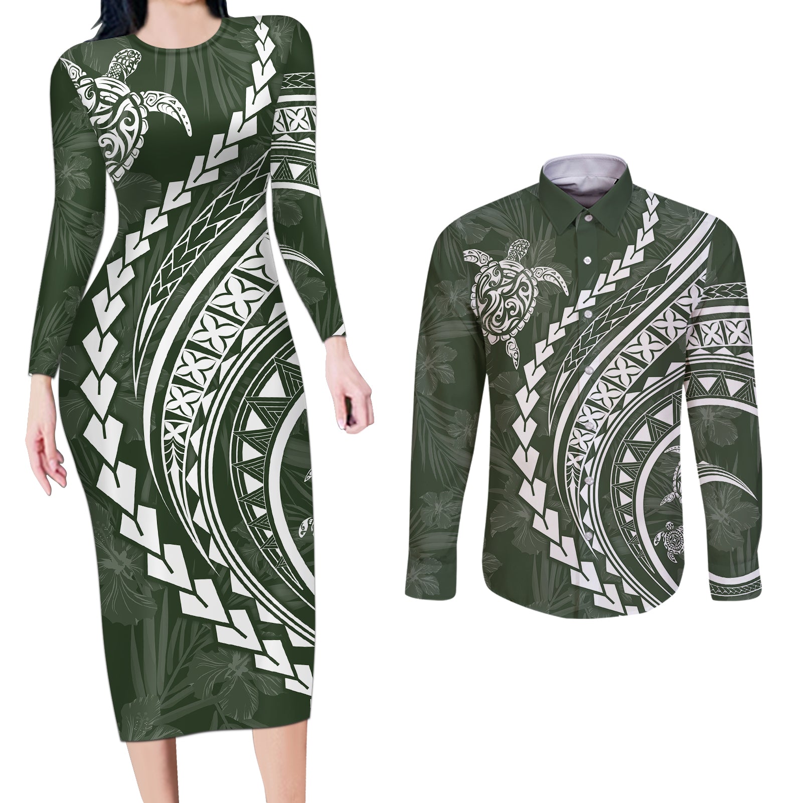 Polynesian Pride Couples Matching Long Sleeve Bodycon Dress and Long Sleeve Button Shirts Turtle Hibiscus Luxury Style - Sage LT7 Sage - Polynesian Pride