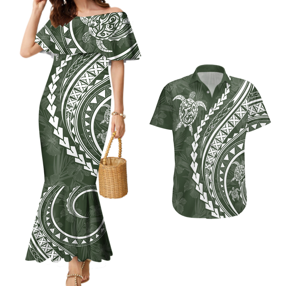 Polynesian Pride Couples Matching Mermaid Dress and Hawaiian Shirt Turtle Hibiscus Luxury Style - Sage LT7 Sage - Polynesian Pride