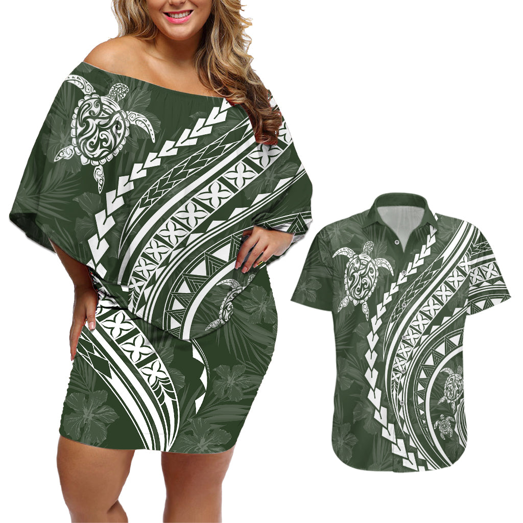Polynesian Pride Couples Matching Off Shoulder Short Dress and Hawaiian Shirt Turtle Hibiscus Luxury Style - Sage LT7 Sage - Polynesian Pride