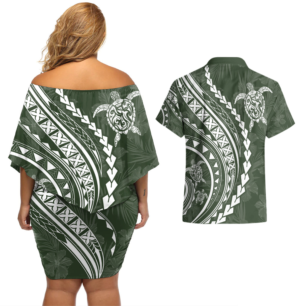 Polynesian Pride Couples Matching Off Shoulder Short Dress and Hawaiian Shirt Turtle Hibiscus Luxury Style - Sage LT7 - Polynesian Pride