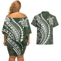 Polynesian Pride Couples Matching Off Shoulder Short Dress and Hawaiian Shirt Turtle Hibiscus Luxury Style - Sage LT7 - Polynesian Pride